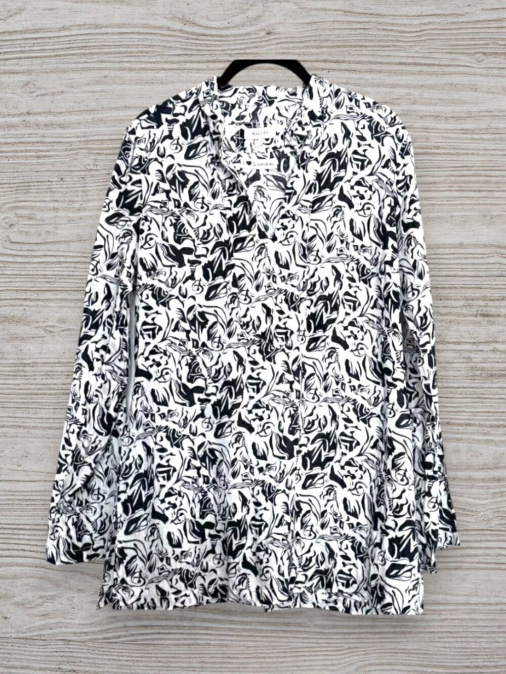 Malvin Linen Lagenlook Black White Floral Euro Tailored Tunic Blouse Art Chic M